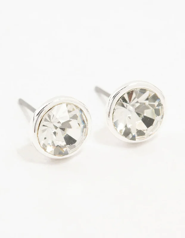 Fancy Drop Earrings-Silver Diamante With Frame Stud Earrings