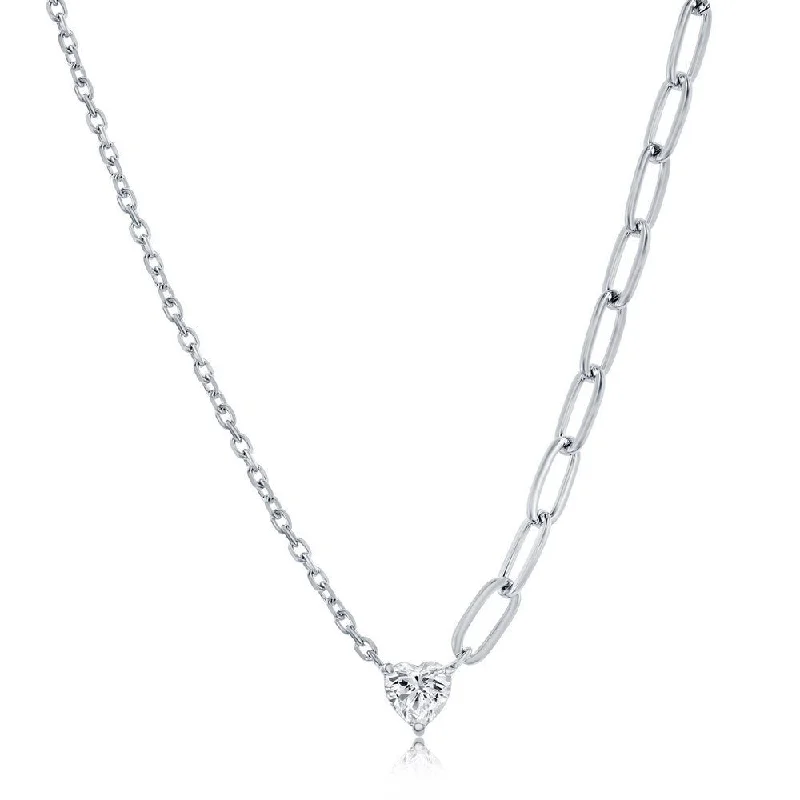 Layered Choker Necklace-SS Heart CZ  Half Cable & Paperclip Chain Necklace