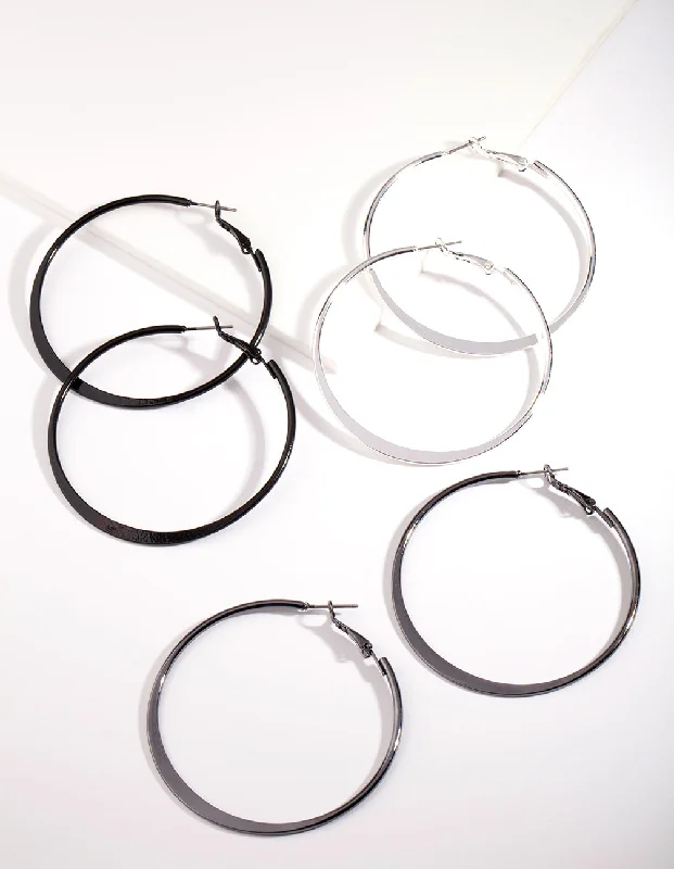 Fashionable Chandelier Earrings-Silver Flat Edge Hoop Earring Pack