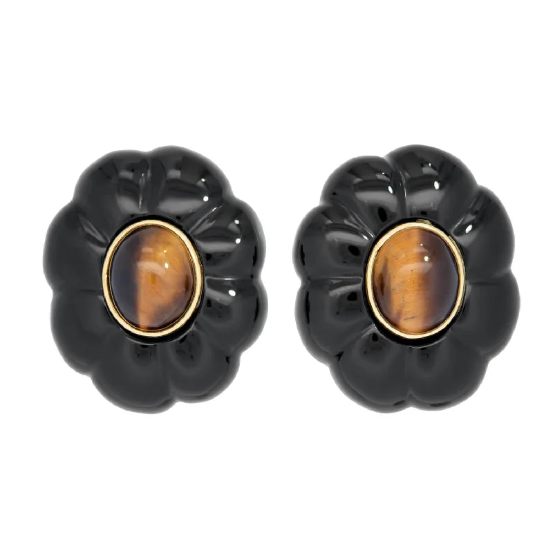 Adjustable Drop Earrings-Retro 14k Onyx and Tiger's Eye Flower Earrings