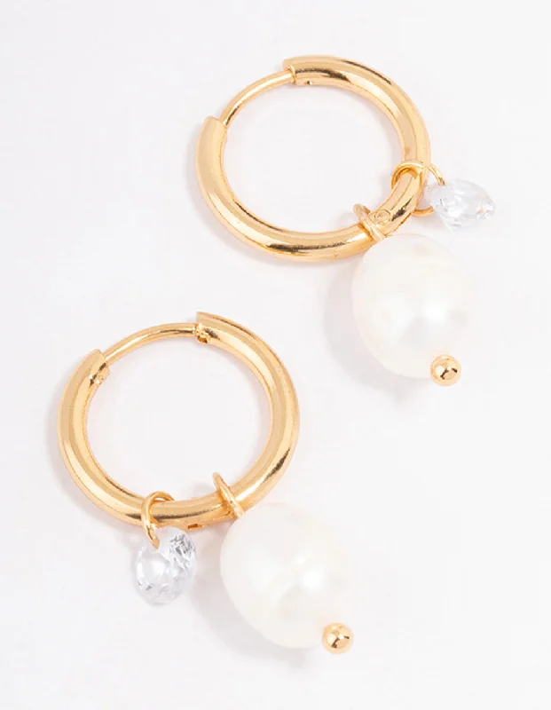 Elegant Ear Cuffs-Waterproof Gold Plated Stainless Steel Classic Freshwater Pearl & Cubic Zirconia Huggie Earrings