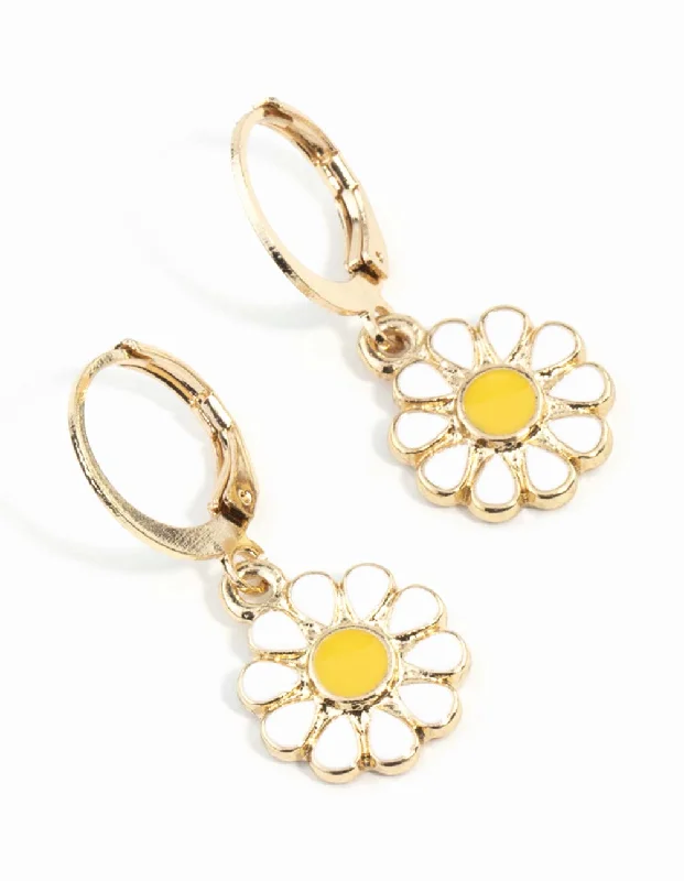 Oval Dangle Earrings-Gold Daisy Huggie Hoop Earrings