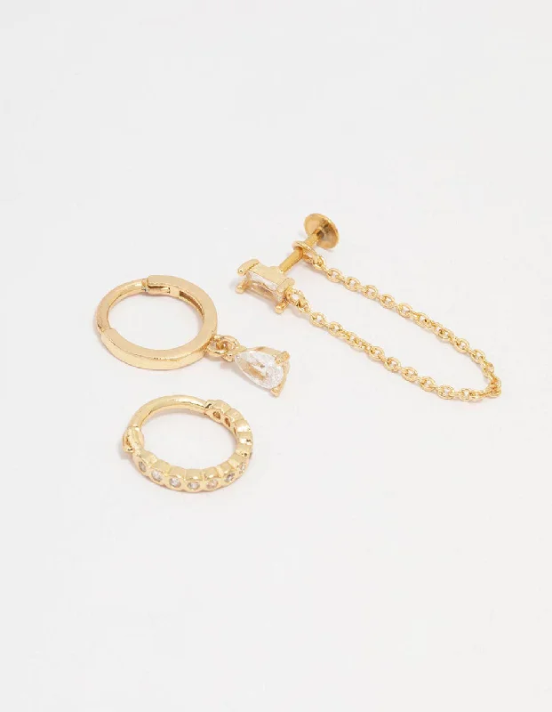 Cute Ear Jackets-Gold Plated Surgical Steel Baguette Chain Flat Back 3-Pack