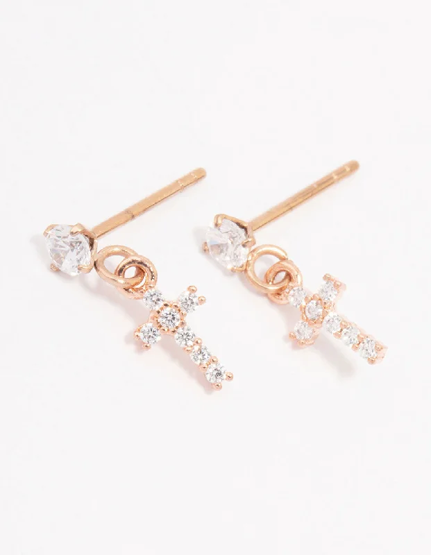 Sassy Ear Climbers-Rose Gold Plated Surgical Steel Cubic Zirconia Cross Stud Earrings