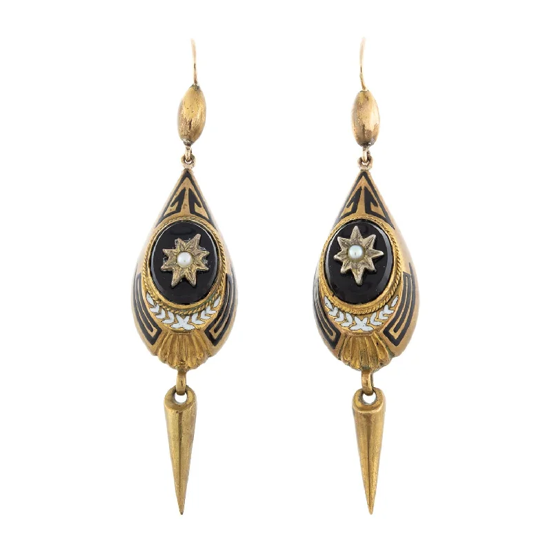 Classic Gold Earrings-Victorian 9kt, Onyx + Pearl Dangle Earrings