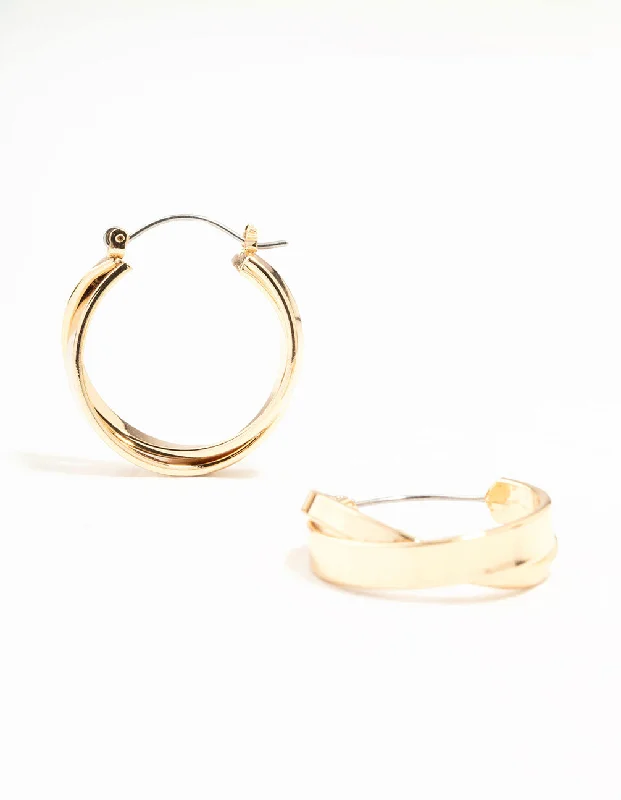 Chic Cuff Earrings-Gold Medium Crossover Hoop Earrings