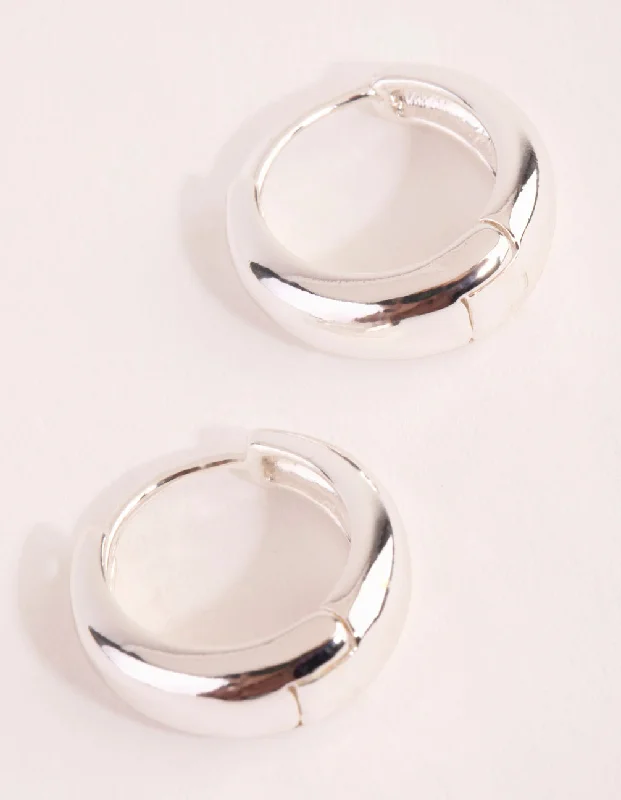 Oval Hoop Earrings-Silver Plain Chubby Huggie Earrings