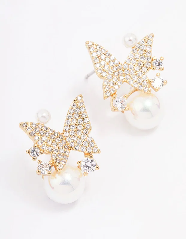 Triangular Earrings-Gold Plated Pearl & Butterfly Cubic Zirconia Stud Earrings