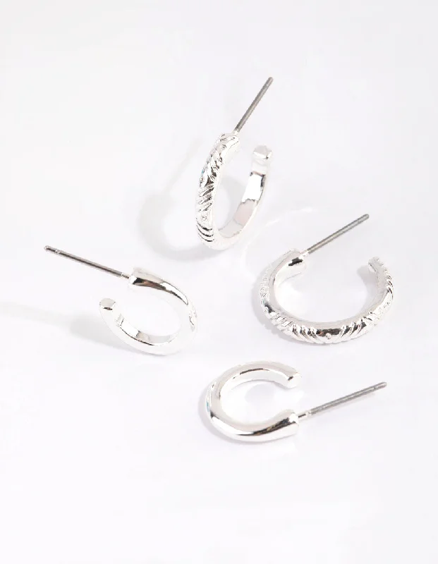 Oval Dangle Earrings-Silver Line Marked Hoop Earring Set