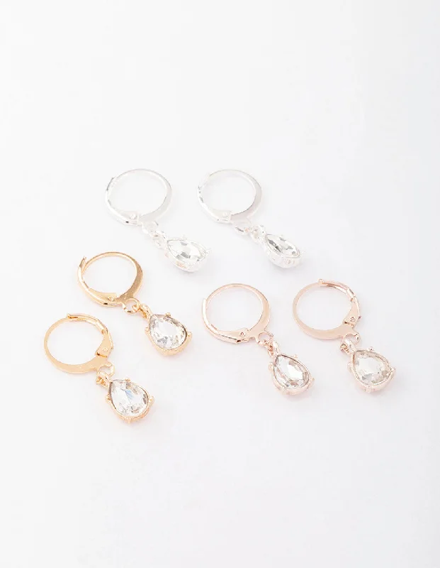 Tiny Stud Earrings-Mixed Metal Drop Pear Diamante Huggie Earring 3-Pack