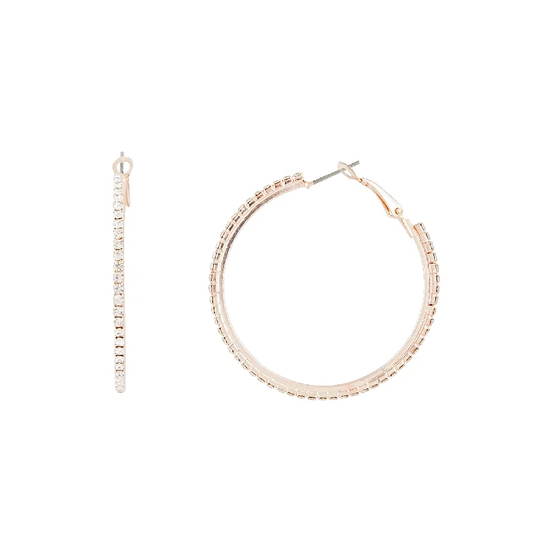 Luxury Silver Earrings-Rose Gold Single Row Diamante Hoop Earrings