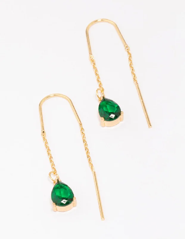 Metal Statement Earrings-Gold Plated Cubic ZIrconia Emerald Threader Drop Earrings