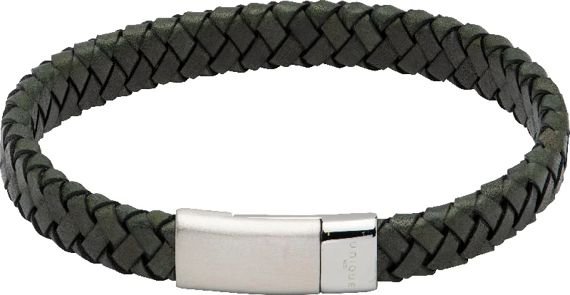 Customizable Gemstone Bracelet-Unique & Co Matte & Polished Stainless Steel Clasp Dark Green Leather Bracelet