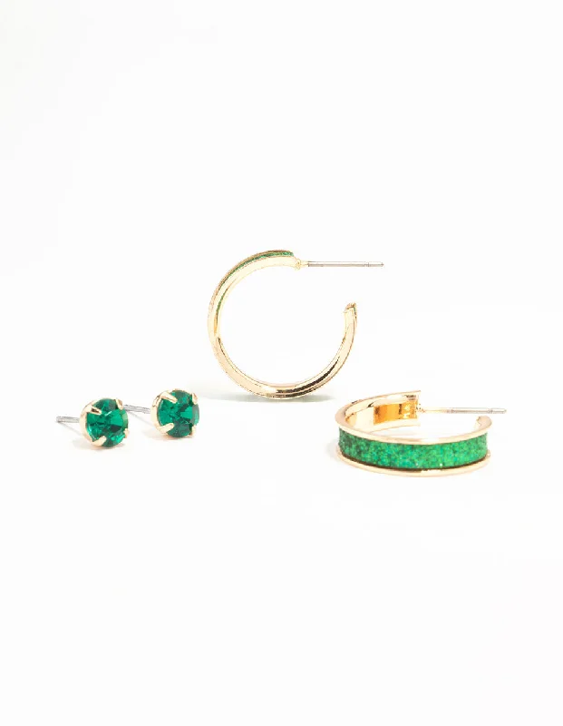 Oval Dangle Earrings-Green Glitter Hoops & Green Diamante Stud Earrings 2-Pack