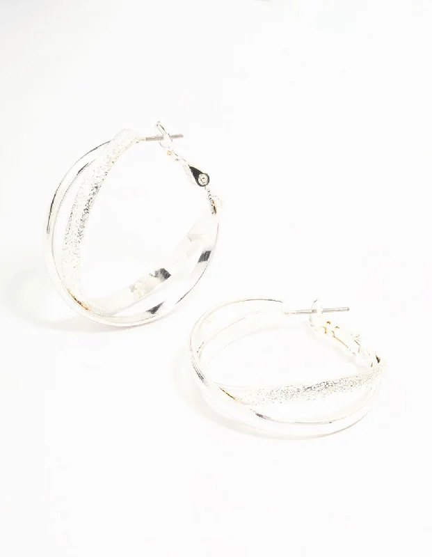 Unique Chandelier Earrings-Silver Mixed Texture Crossover Hoop Earrings