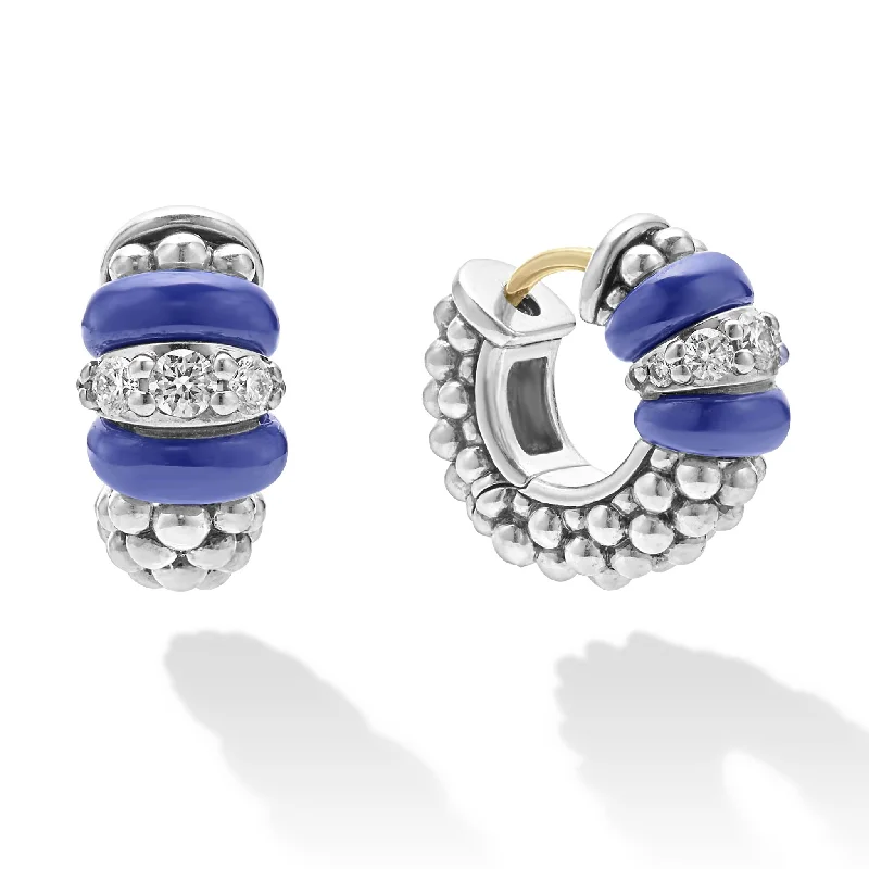 Large Silver Earrings-Blue Caviar Ceramic and Diamond Huggie Earrings