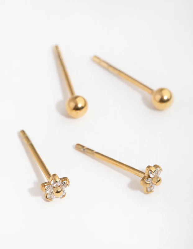 Double Hoop Earrings-24 Carat Gold Plated Surgical Steel Ball & Flower Stud Earrings 2-Pack