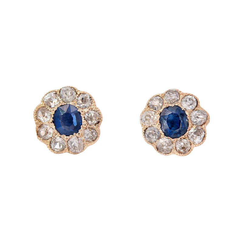 Geometric Silver Earrings-Victorian 18k Sapphire with Diamond Halo Stud Earrings