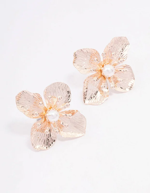 Chic Cuff Earrings-Rose Gold Large Flower Pearl Stud Earrings