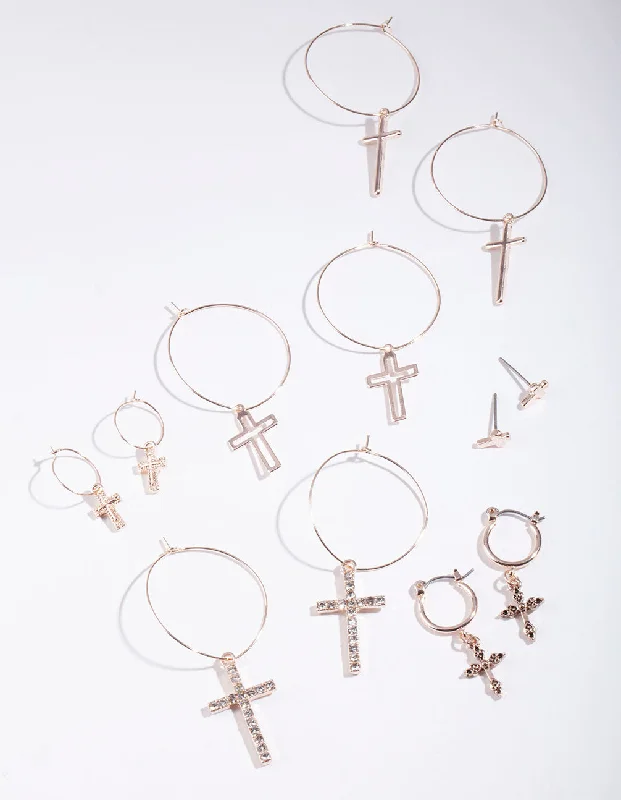 Simple Silver Earrings-Rose Gold Cross Hoop Earring Pack