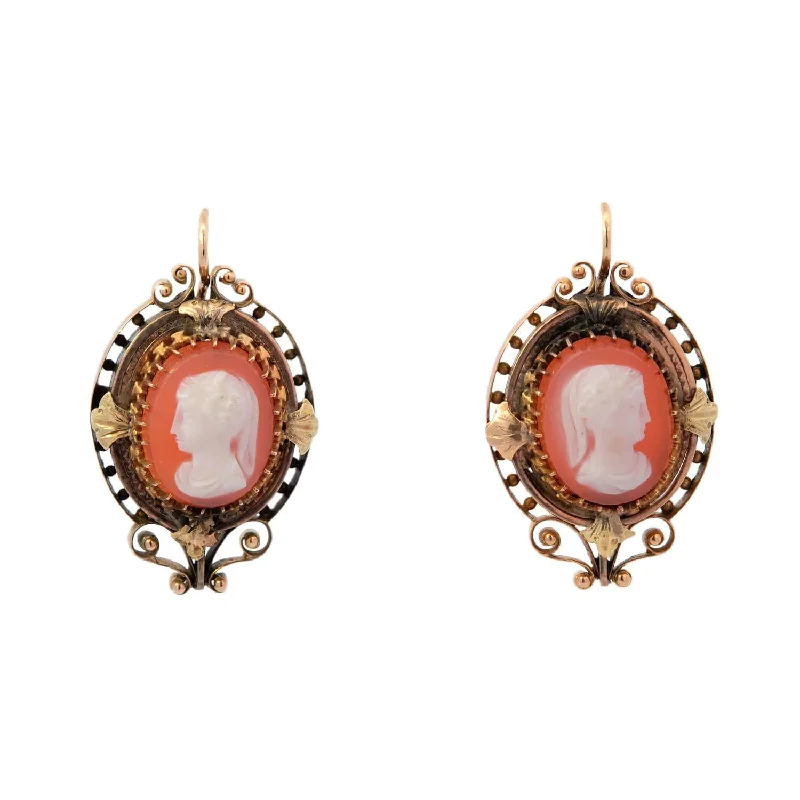 Elegant Chandelier Earrings-Victorian 14k Sardonyx Hardstone Lady Faces Cameo Earrings