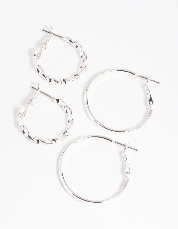 Adjustable Earrings-Silver Twisted Hoop Earring Set