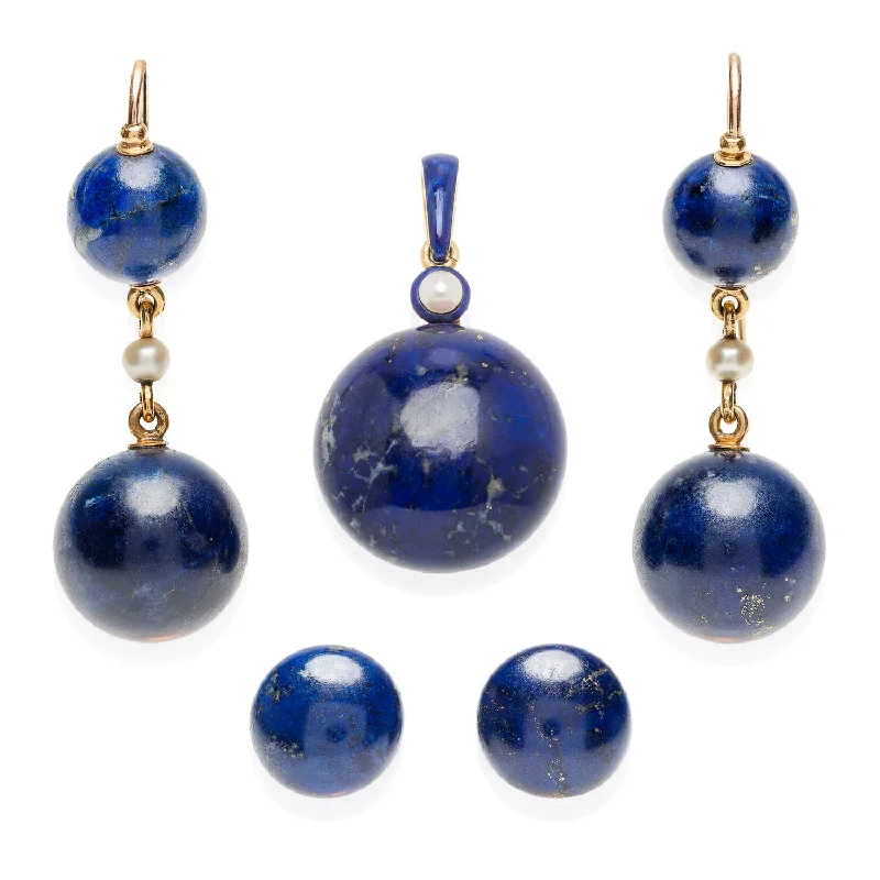 Sterling Silver Earrings-Victorian 18kt, Pearl, Enamel + Carved Lapis Lazuli Earrings, Pendant + Button Set