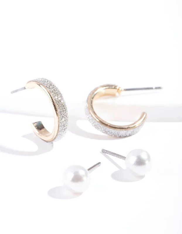 Simple Silver Drop Earrings-Gold Glitter Pearl Earring Pack