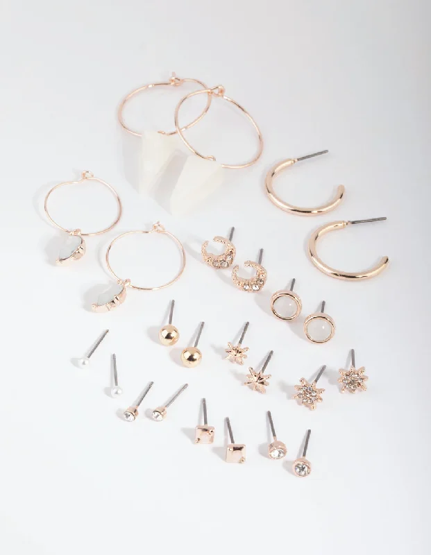 Hoop Earrings for Women-Rose Gold Star & Triangle Stud & Drop Earring 12-Pack