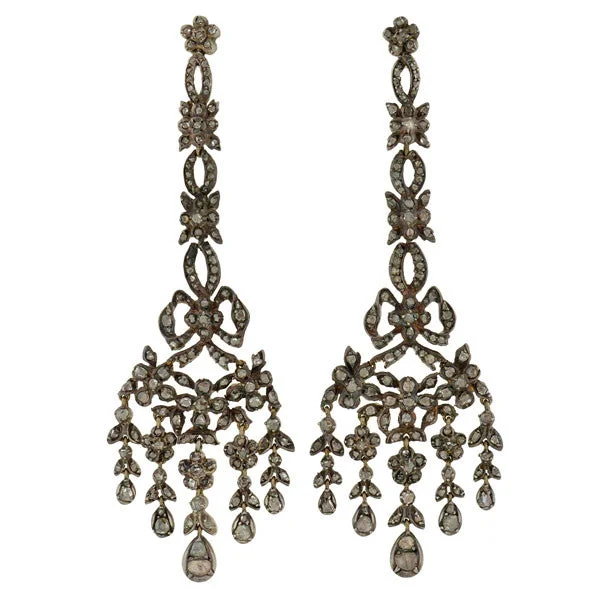 Shiny Drop Earrings-Georgian Silver-Topped Drippy Rose Cut Diamond Earrings