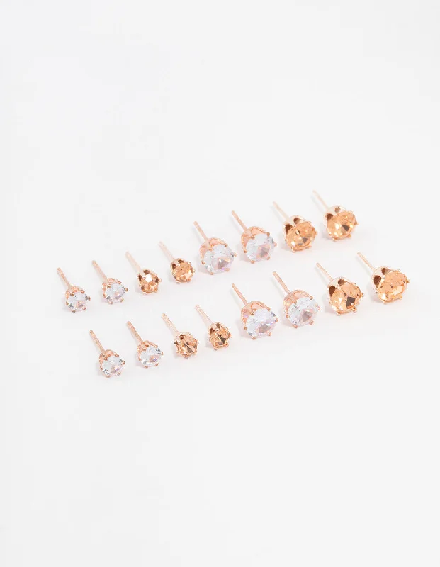 Gold Dangle Earrings-Rose Gold Basic Diamante Stud Earrings 8-Pack