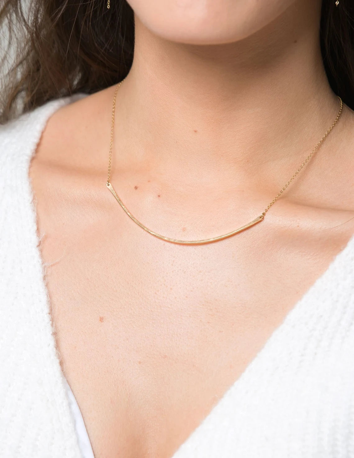 Simple Gold Crystal Necklace-Skinny Curved Bar Necklace