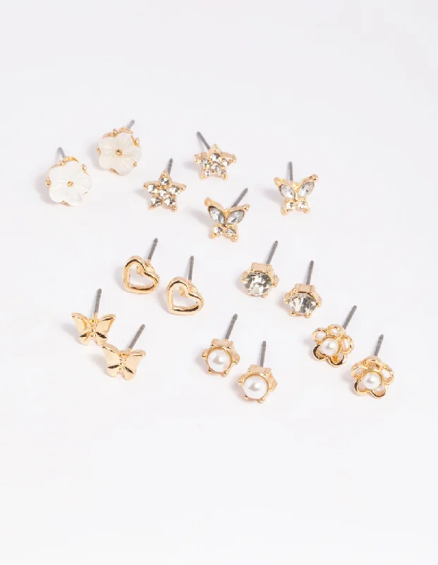 Cute Ear Jackets-Gold Pearlised Flower Stud Earring 8-Pack