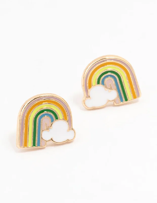 Cute Stud Earrings-Gold Rainbow Cloud Stud Earrings