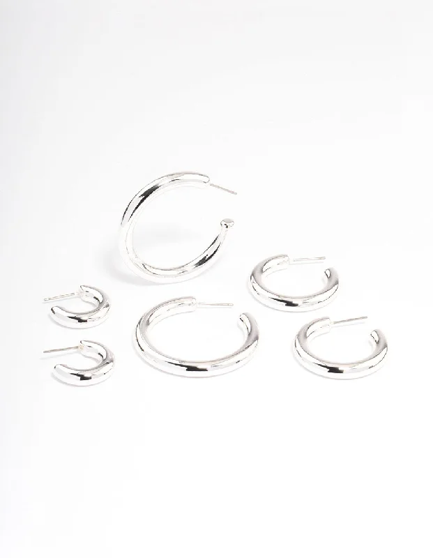 Elegant Ear Cuffs-Silver Puffy Mixed Hoop Earrings Pack