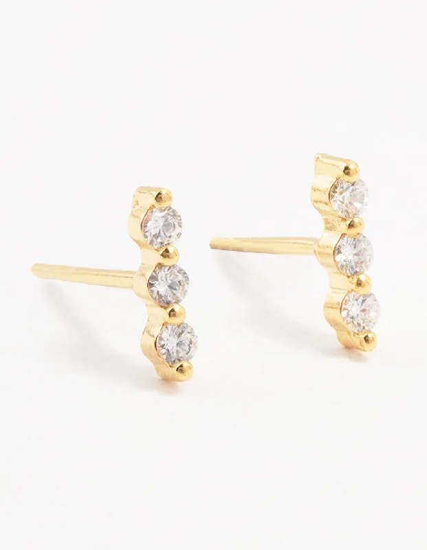 Long Dangle Earrings-Gold Plated Sterling Silver Cubic Zirconia Bar Earrings