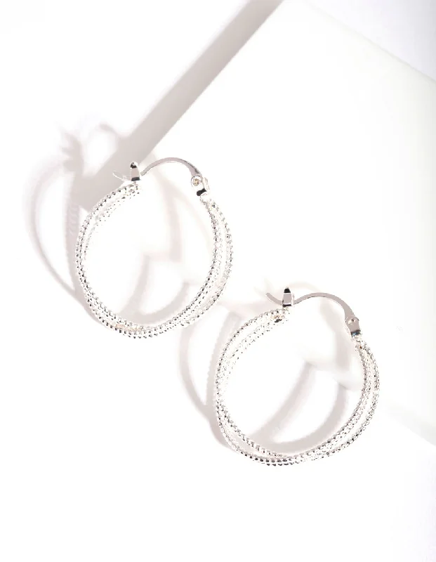 Minimalist Hoop Earrings-Silver Stipple Double Hoop Earrings