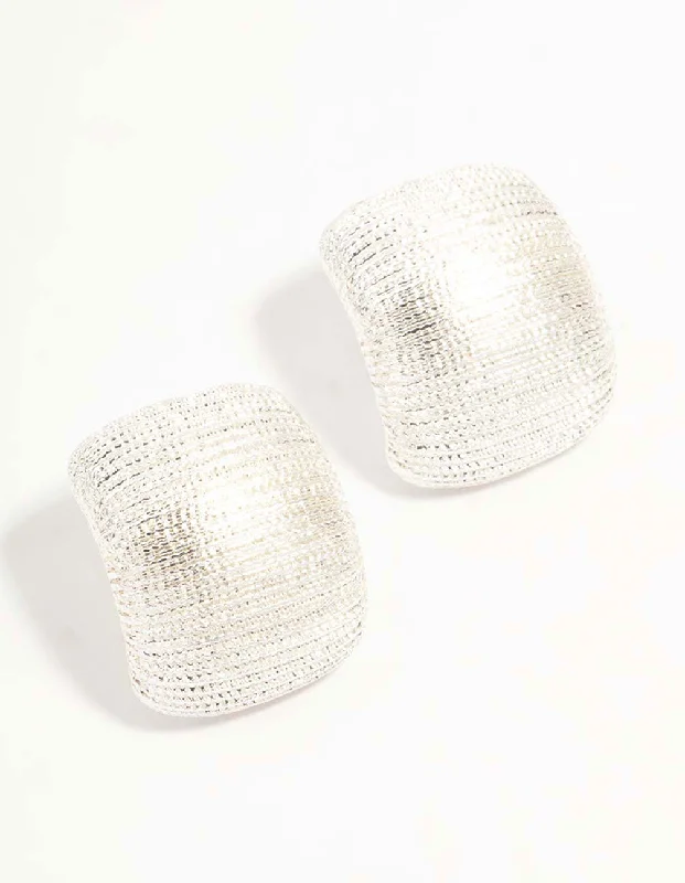 Shiny Hoop Earrings-Silver Curved Textured Stud Earrings