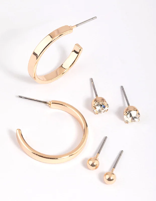 Elegant Diamond Earrings-Gold Plain Stud & Hoop Earring Pack