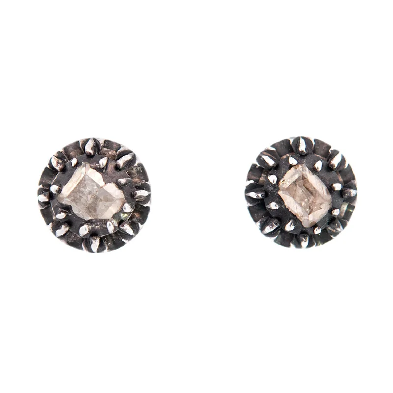 Heart-Shaped Stud Earrings-Victorian 14k/Sterling Silver Table Cut Diamond Stud Earrings