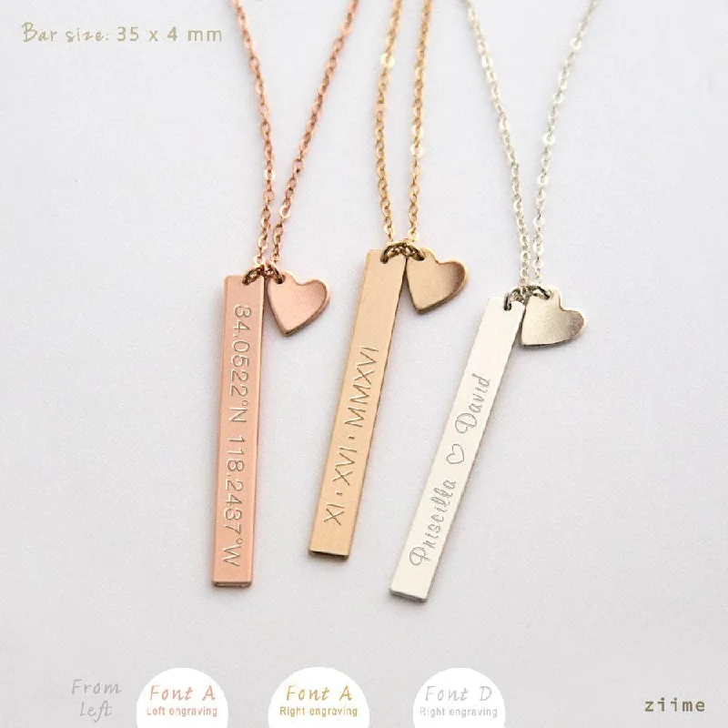 Fashionable Heart Pendant Necklace-Vertical Bar Necklace, Bar Drop, Nameplate Necklace, Bridesmaid Gift, Unisex, Gold Filled, Silver SN0011