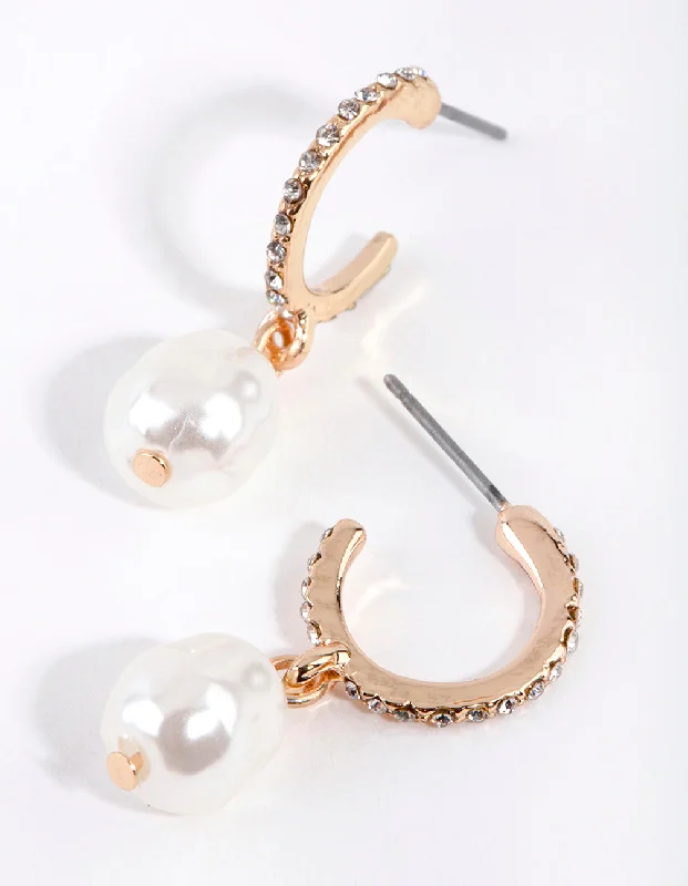 Geometric Silver Earrings-Gold Diamante Pearl Open Hoop Earrings