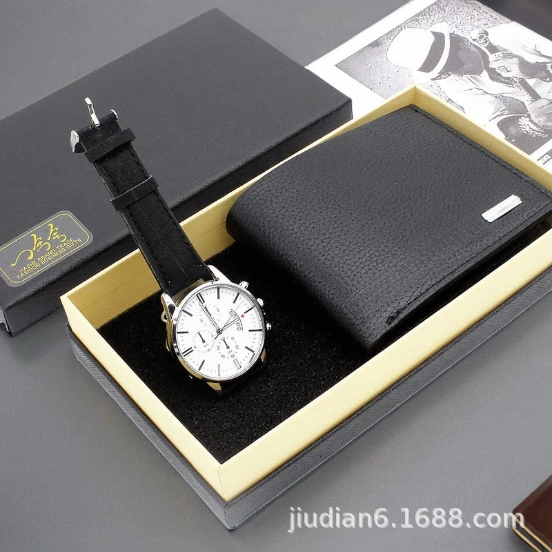 2358 Silver Case White Face Black Belt Watch Wallet Box