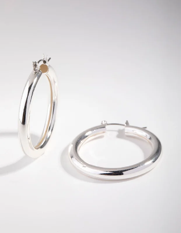 Unique Silver Hoop Earrings-Silver Curved Medium Hoop Earrings