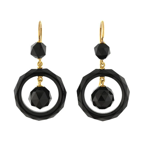 Beaded Hoop Earrings-Victorian 14kt Faceted Onyx Ball + Ring Earrings