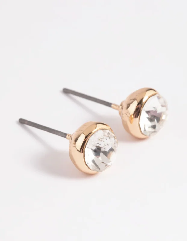 Gold-Plated Hoop Earrings-Gold Diamante Round Stud Earrings