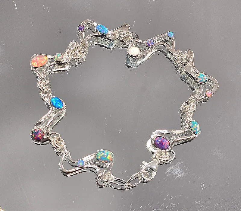 Classic Silver Bangle-Multicoloured Opal Bracelet