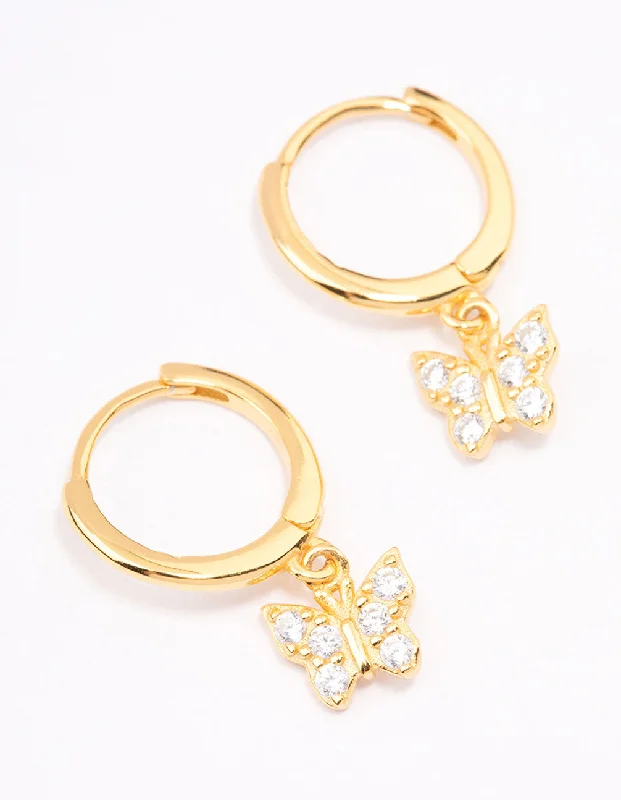 Unique Pearl Drop Earrings-Gold Plated Sterling Silver Cubic Zirconia Butterfly Huggie Earrings