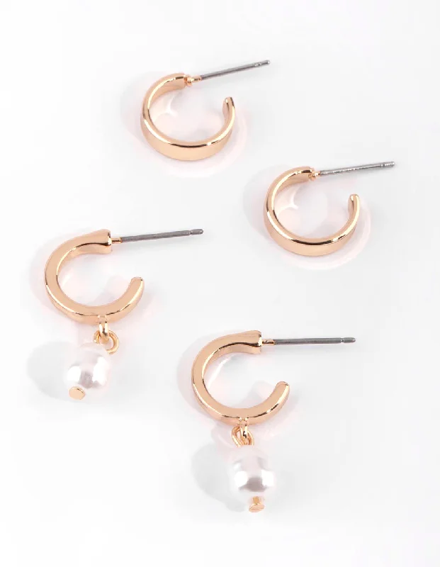 Vintage Pearl Earrings-Gold Pearl Huggie Hoop Earring Set