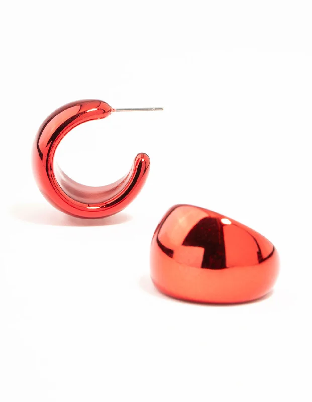 Wedding Earrings-Red Coated Metal Wide Metallic Hoop Earrings